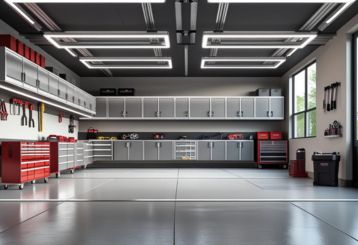 Modern organized garage with custom cabinets and tool storage in Champlin, MN