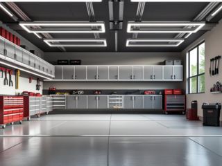 Modern organized garage with custom cabinets and tool storage in Champlin, MN