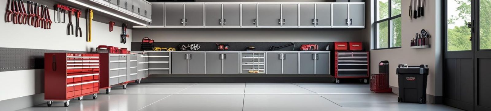 Modern organized garage with custom cabinets and tool storage in Champlin, MN