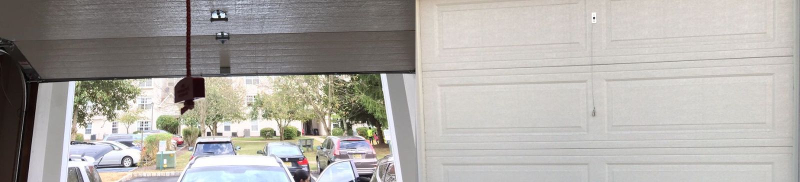 Exterior and interior view of new white overhead garage door installed by Garage Door Repair Champlin.
